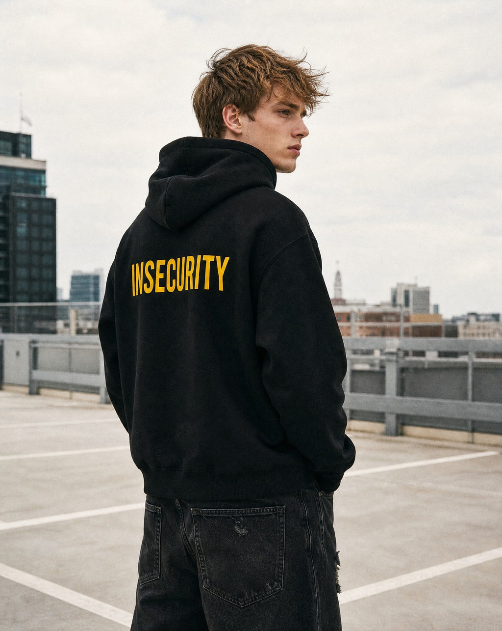 Insecurity Boxy Hoodie in Black - Lifestyle Image