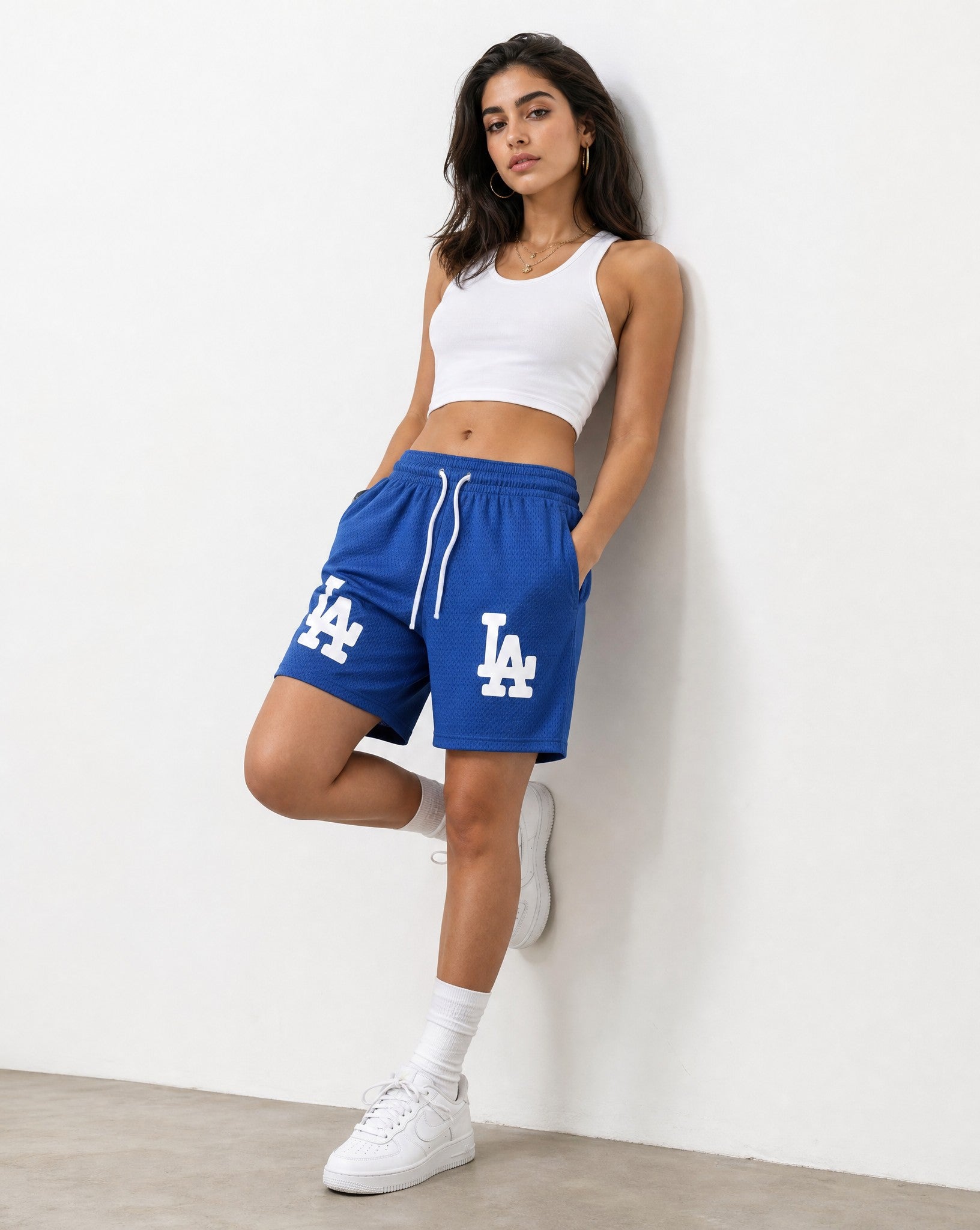 LA Bootleg Mesh Shorts in Blue - Editorial Image
