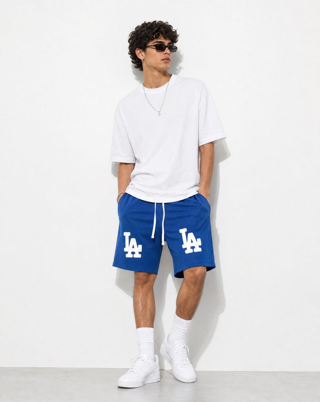 LA Bootleg Mesh Shorts in Blue - Editorial Image