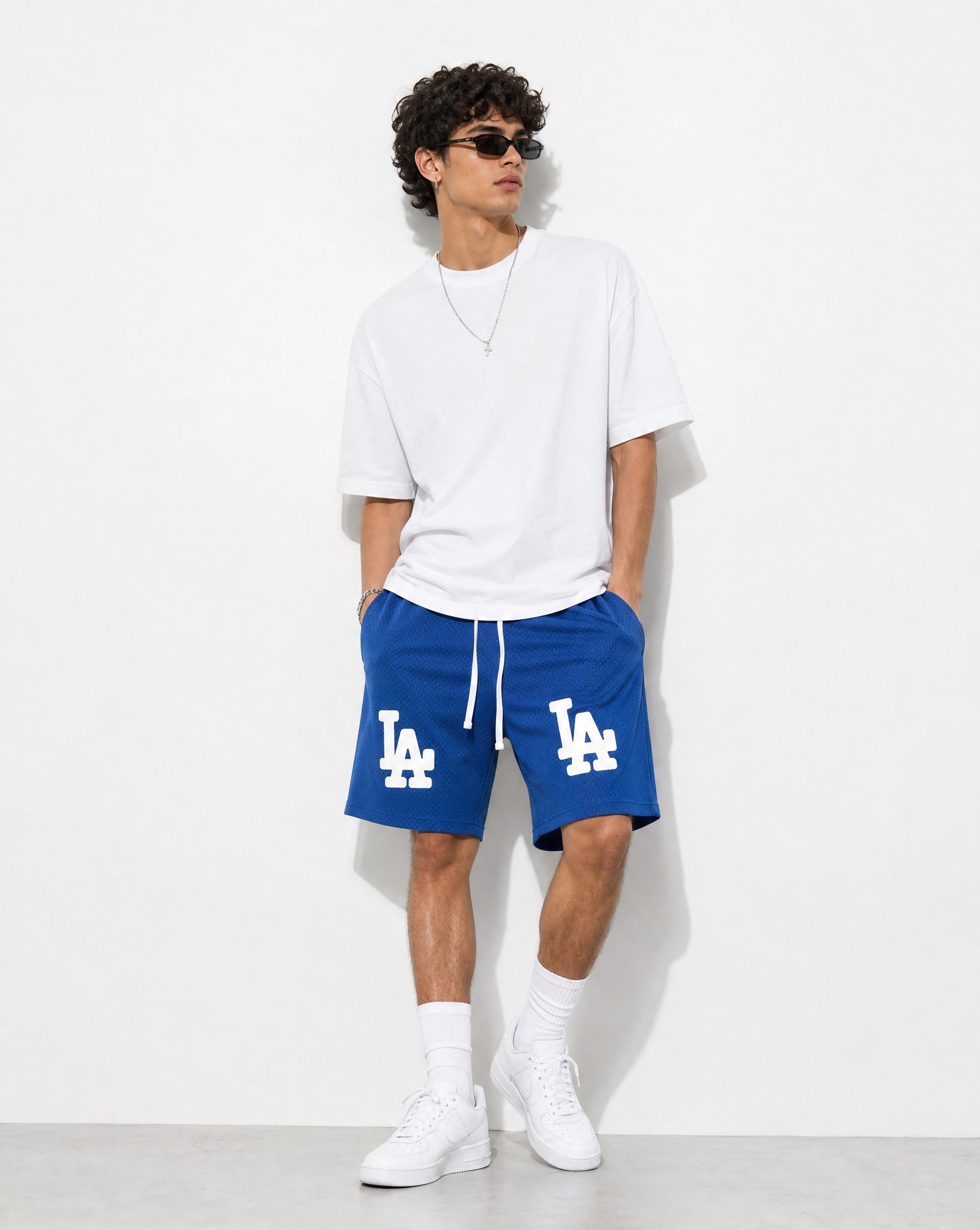 LA Bootleg Mesh Shorts in Blue - Editorial Image