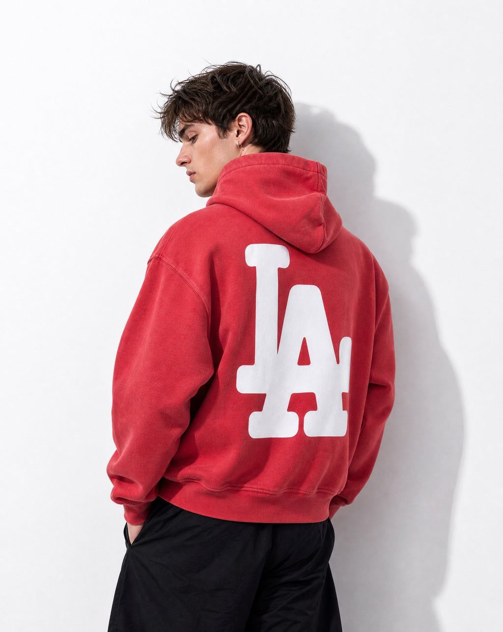 LA Bootleg Vintage Washed Hoodie in Red - Editorial Image
