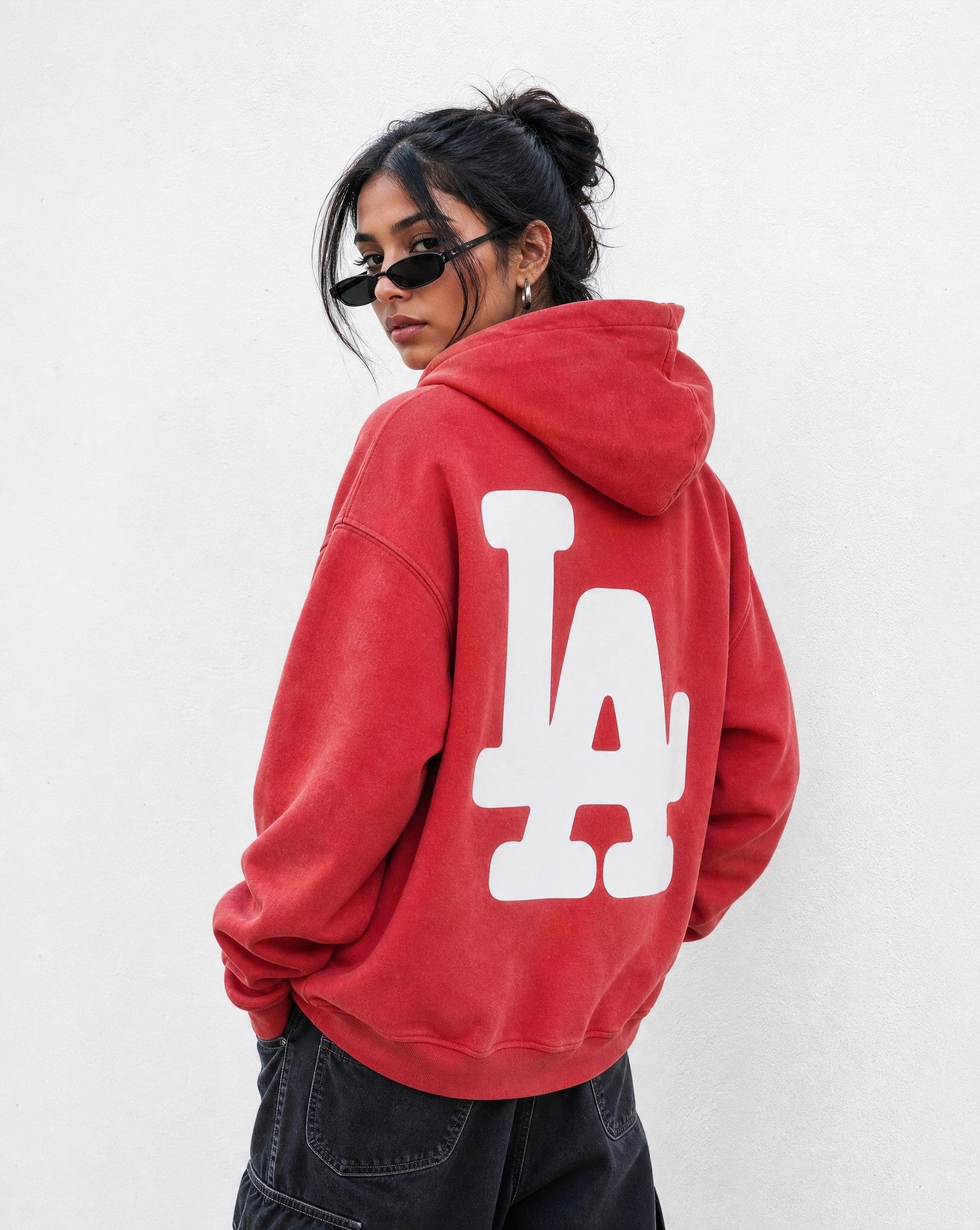 LA Bootleg Vintage Washed Hoodie in Red - Editorial Image