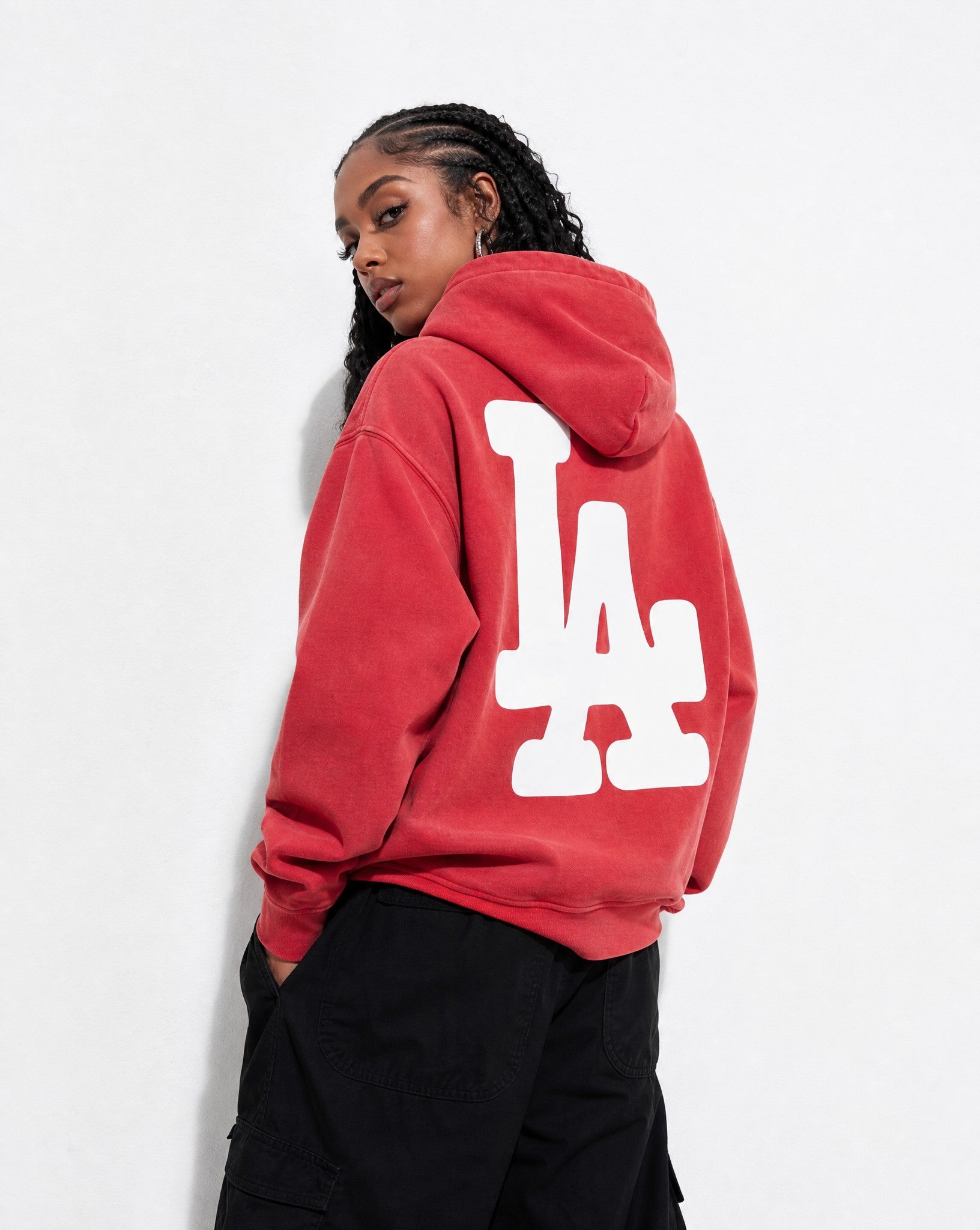 LA Bootleg Vintage Washed Hoodie in Red - Editorial Image
