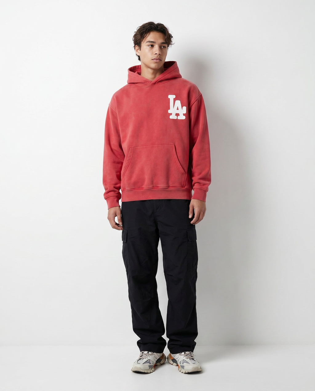 LA Bootleg Vintage Washed Hoodie in Red - Editorial Image