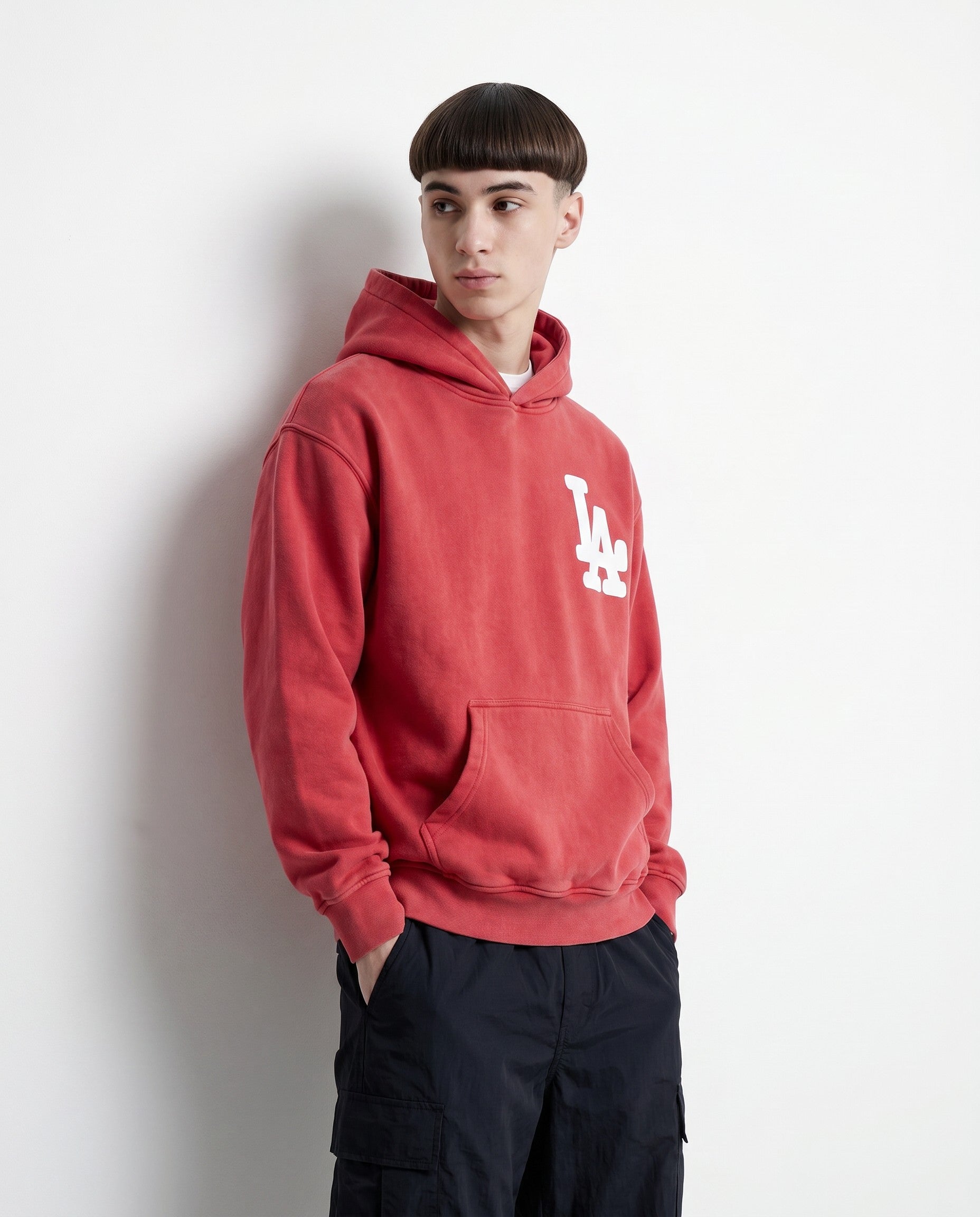 LA Bootleg Vintage Washed Hoodie in Red - Editorial Image