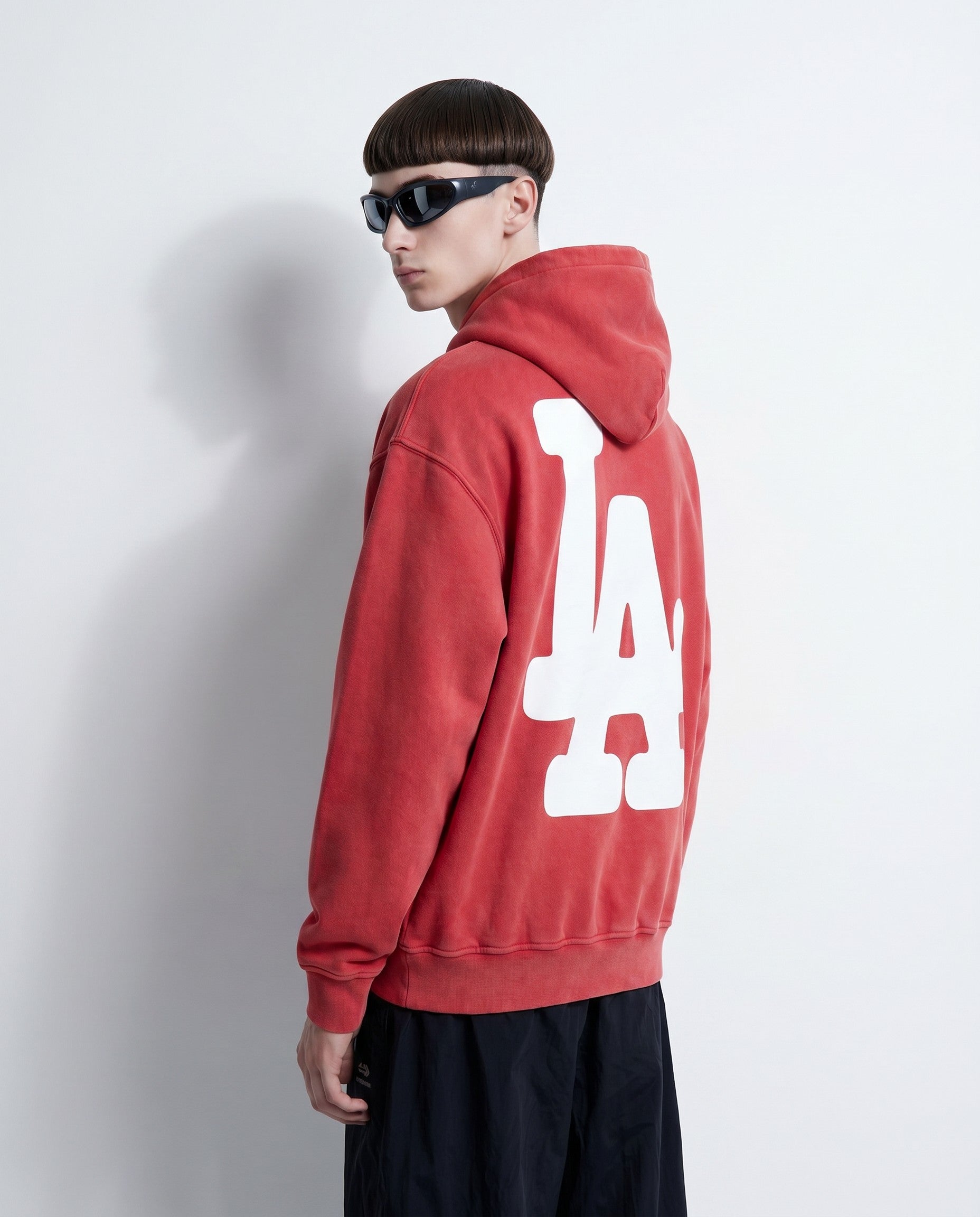 LA Bootleg Vintage Washed Hoodie in Red - Editorial Image