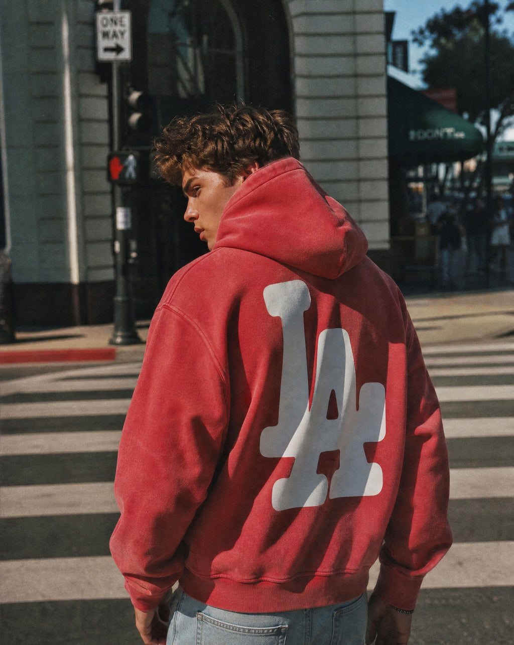 LA Bootleg Vintage Washed Hoodie in Red - Lifestyle Image