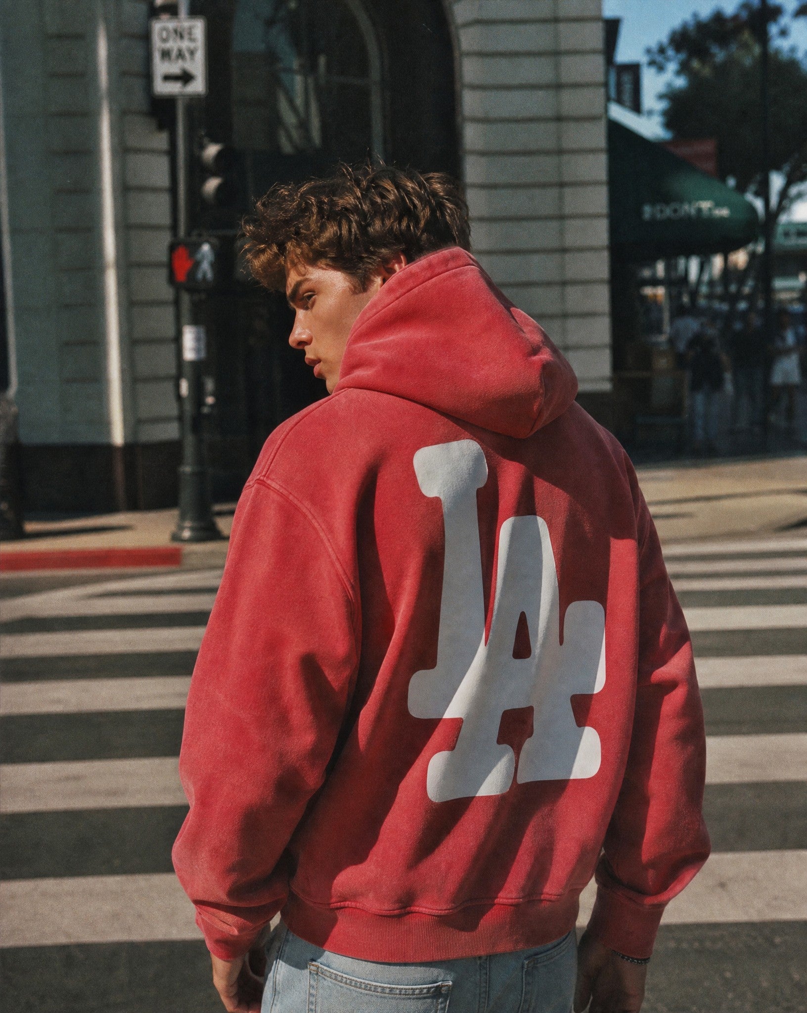 LA Bootleg Vintage Washed Hoodie in Red - Lifestyle Image