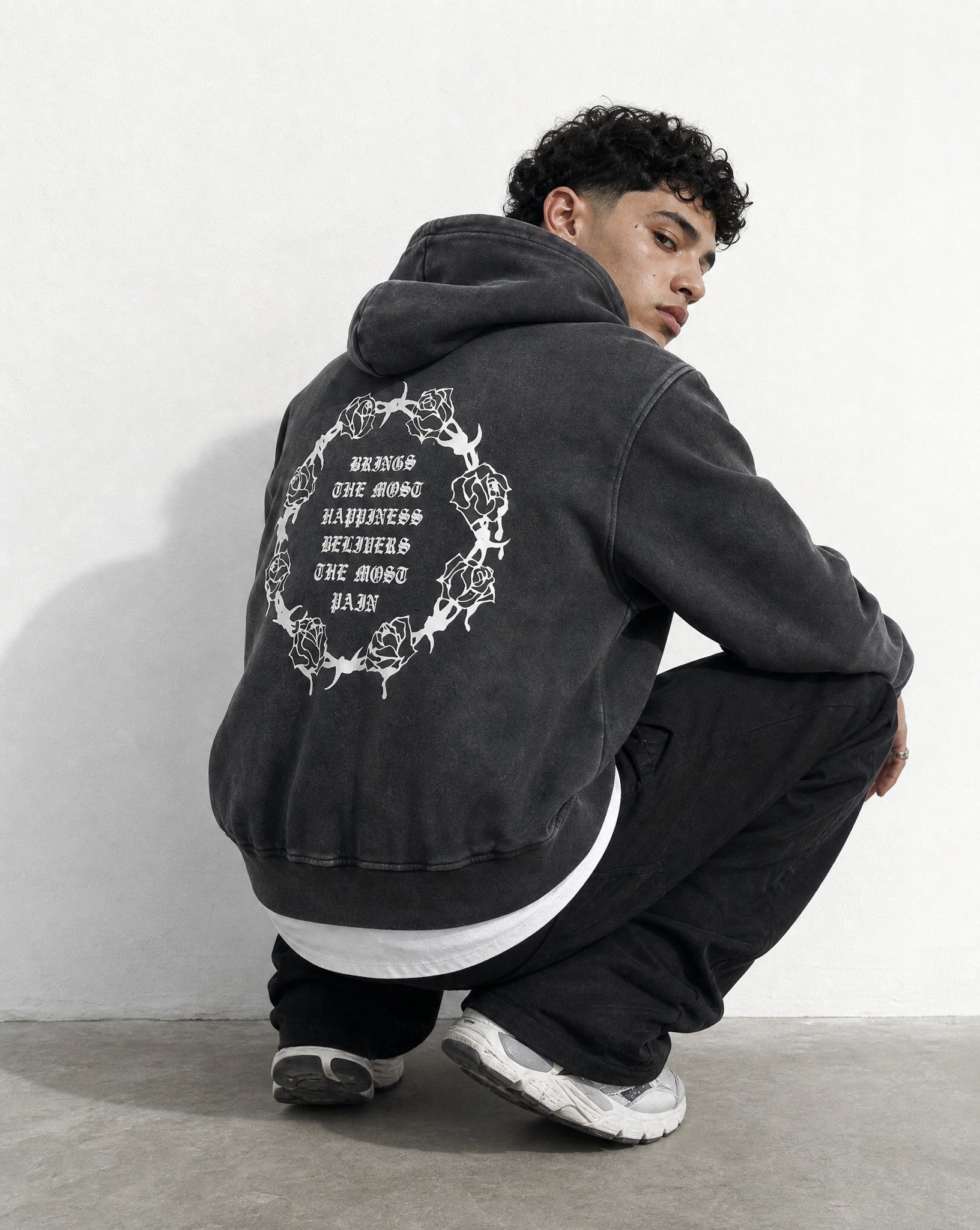 Love Vintage Washed Hoodie in Black - Editorial Image