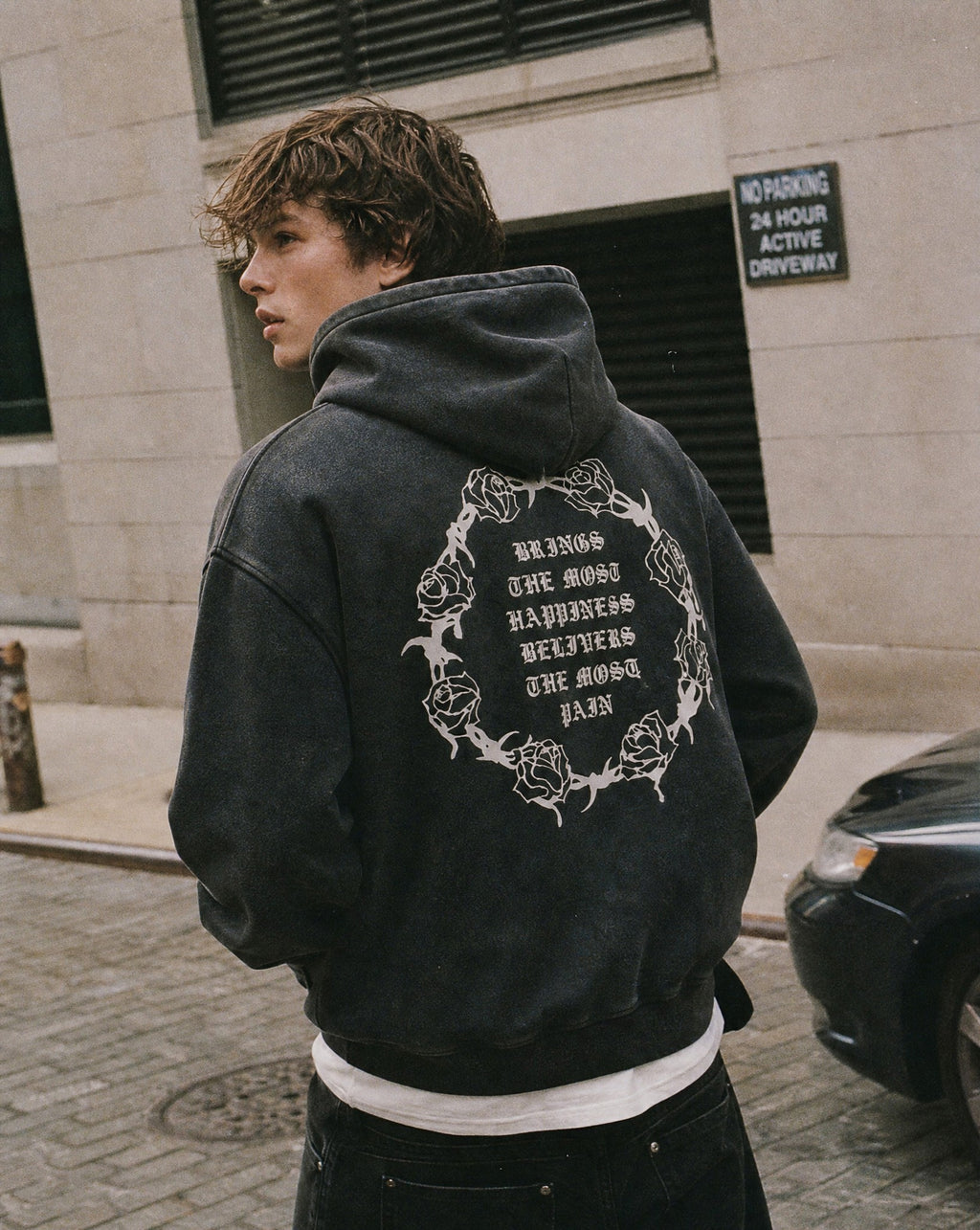 Love Vintage Washed Hoodie in Black - Lifestyle Image