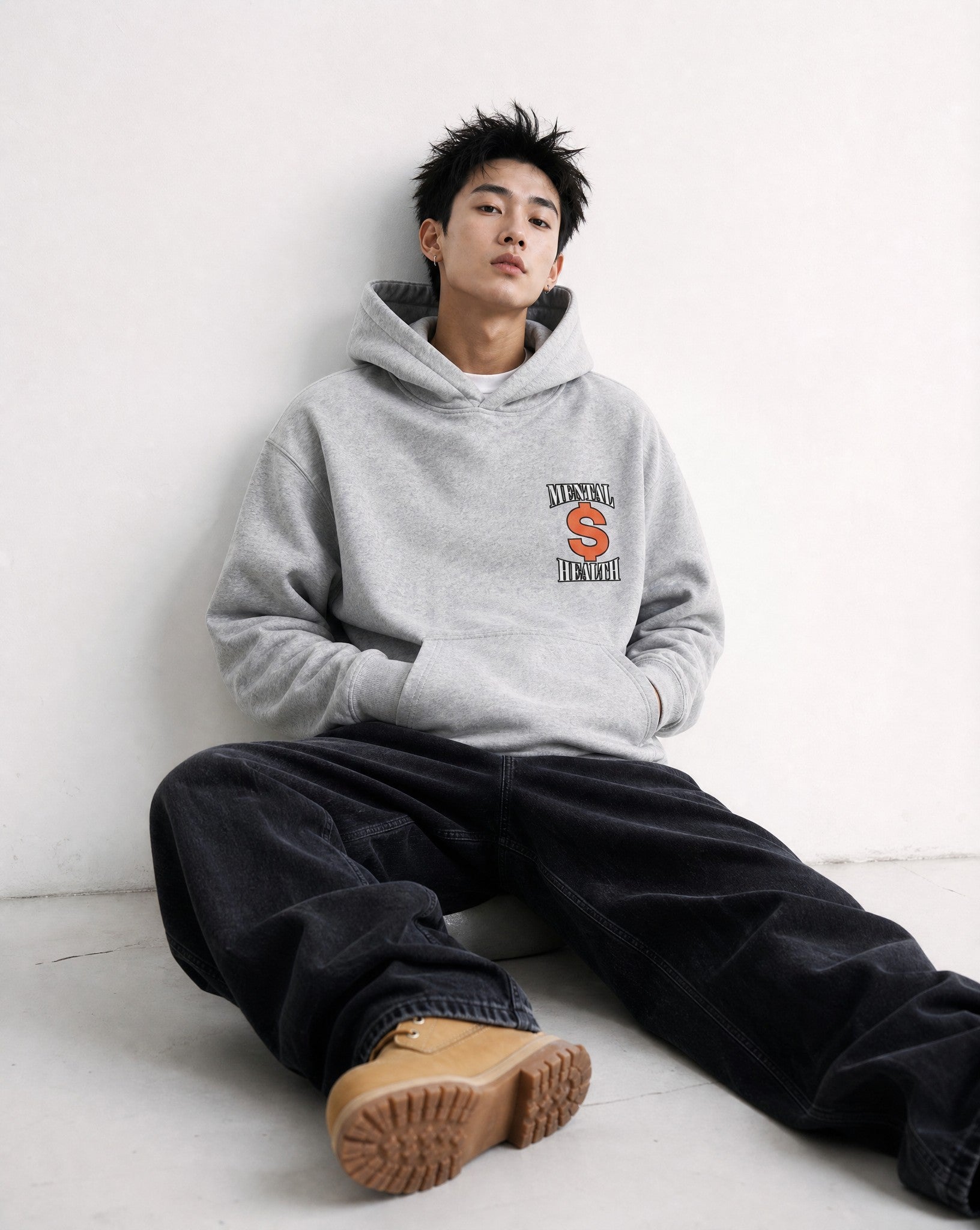 Mental Money Boxy Hoodie in Grey - Editorial Image