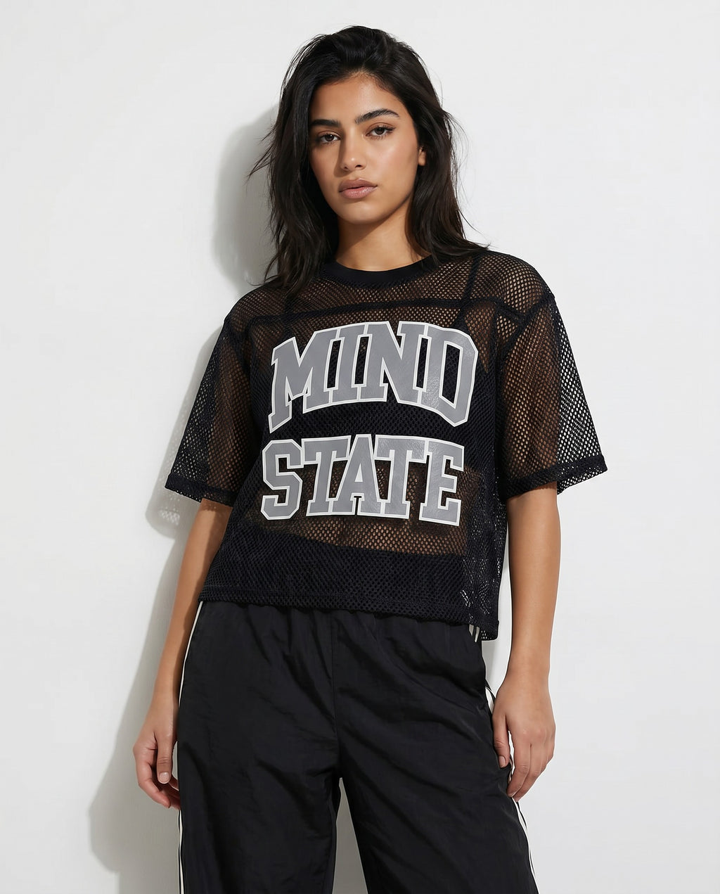 Mind State Mesh Shirt in Black -Editorial Image