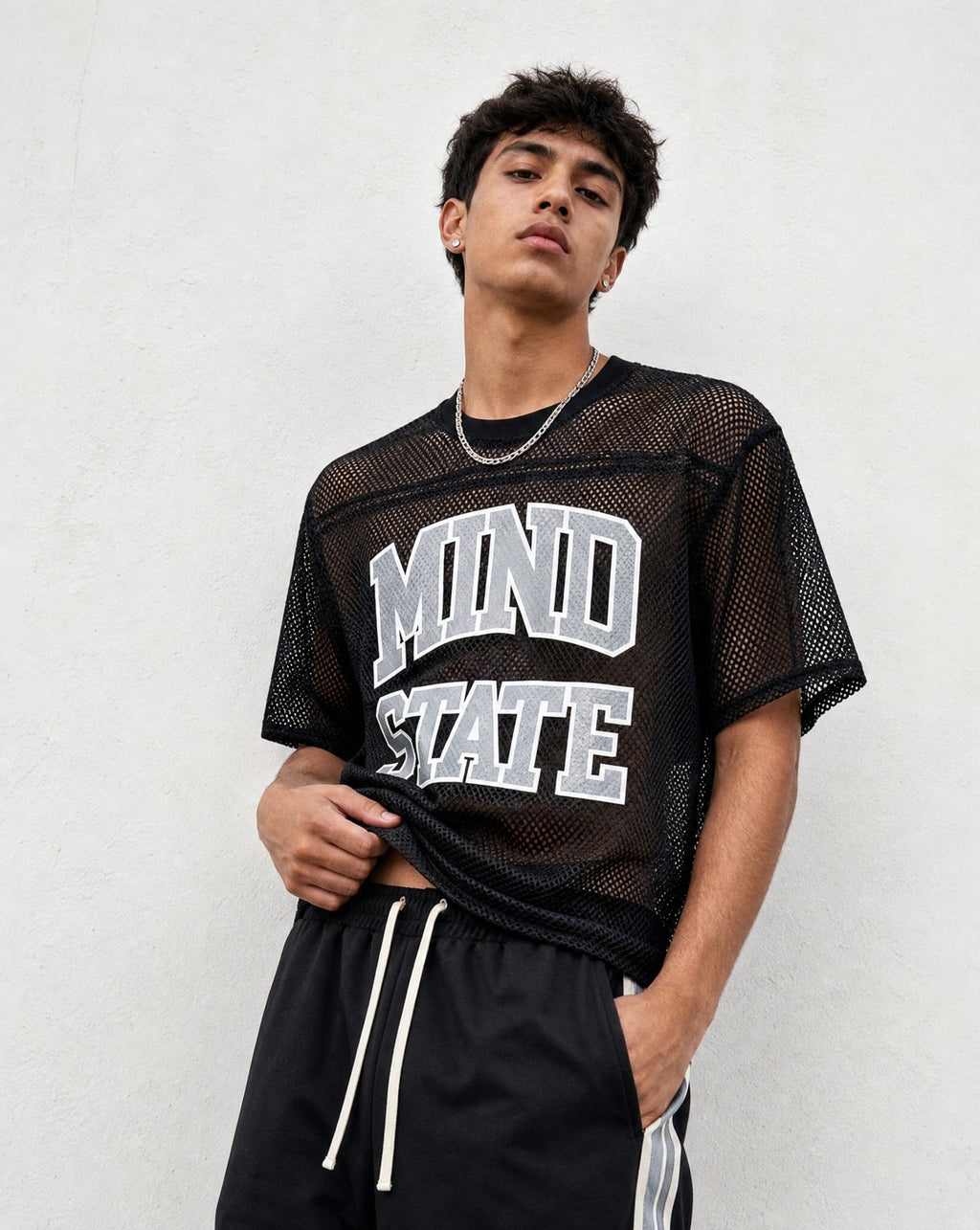 Mind State Mesh Shirt in Black -Editorial Image