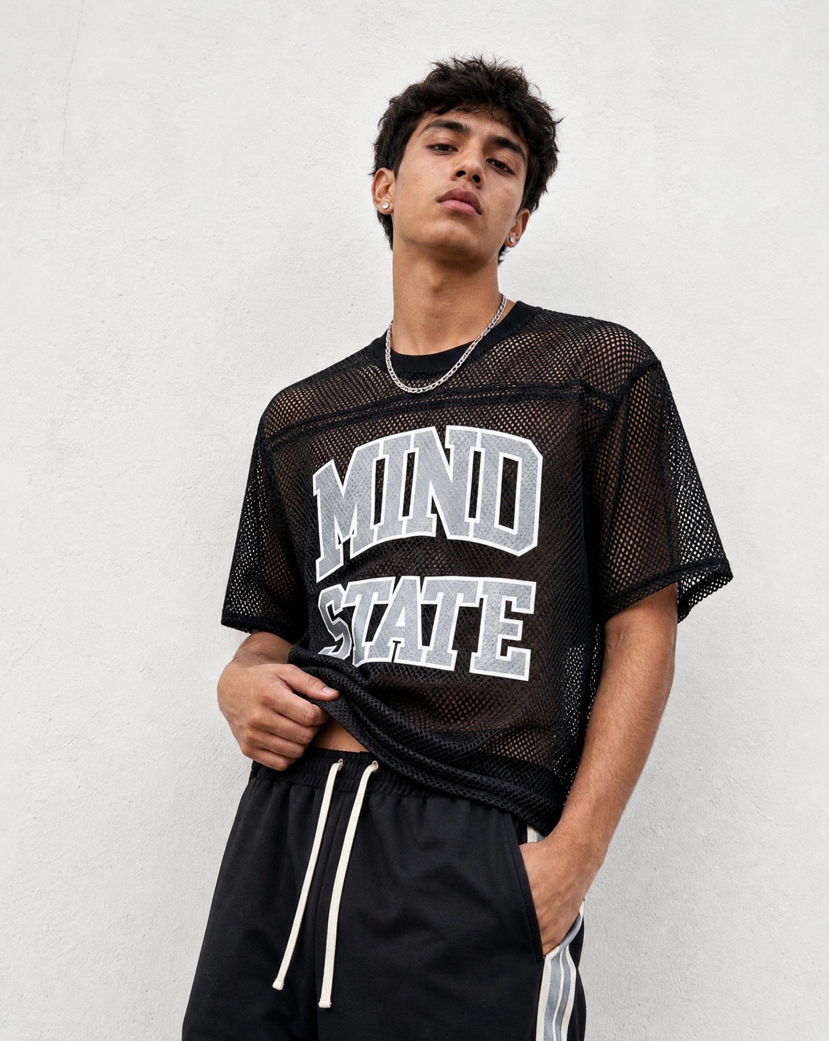 Mind State Mesh Shirt in Black -Editorial Image