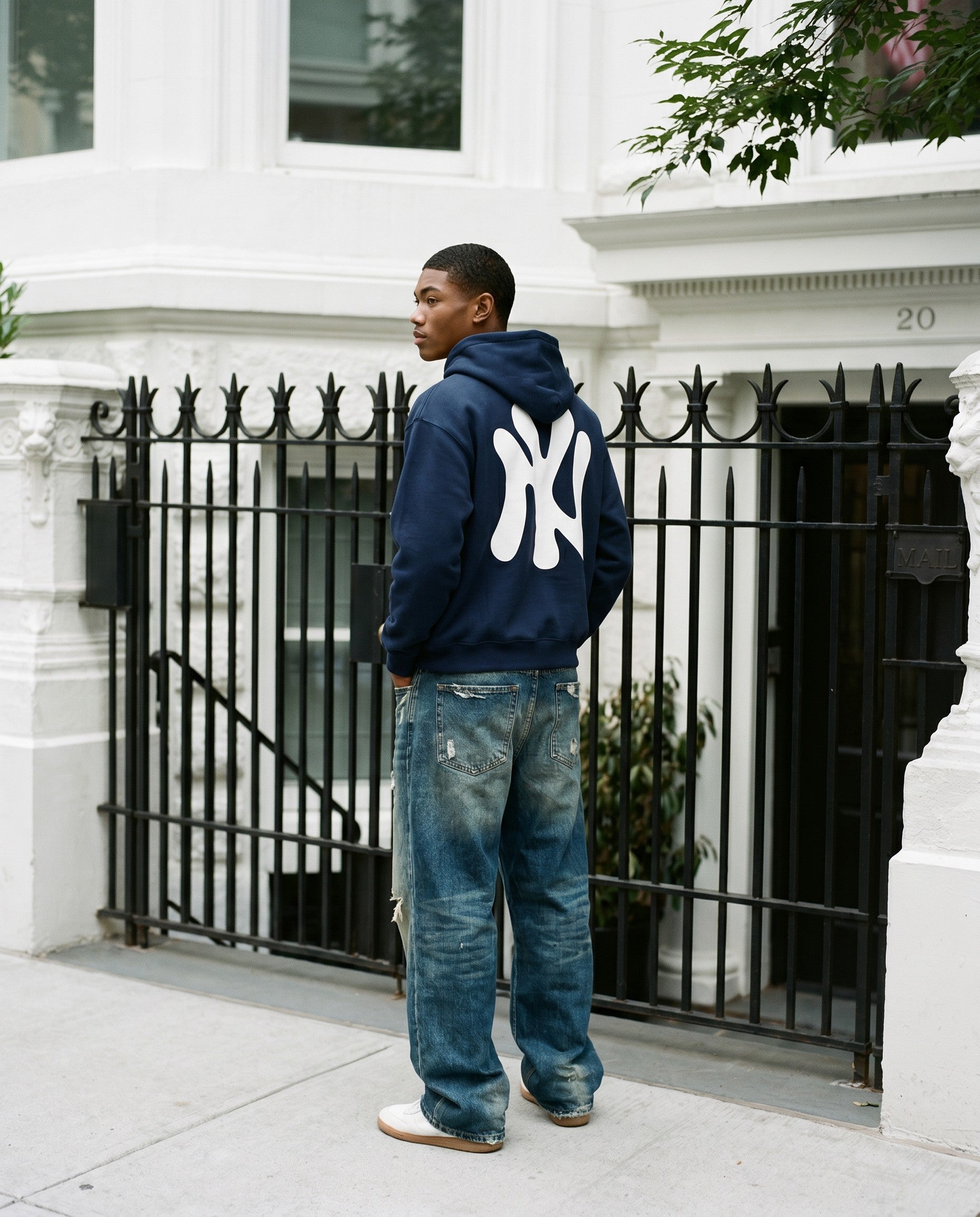 NY Bootleg Hoodie in Navy - Lifestyle Image