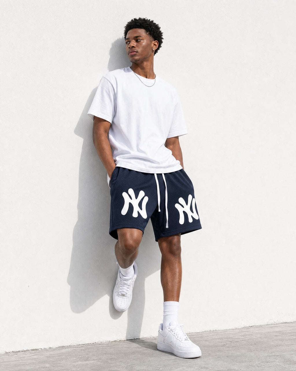 NY Bootleg Mesh Shorts in Navy - Editorial Image
