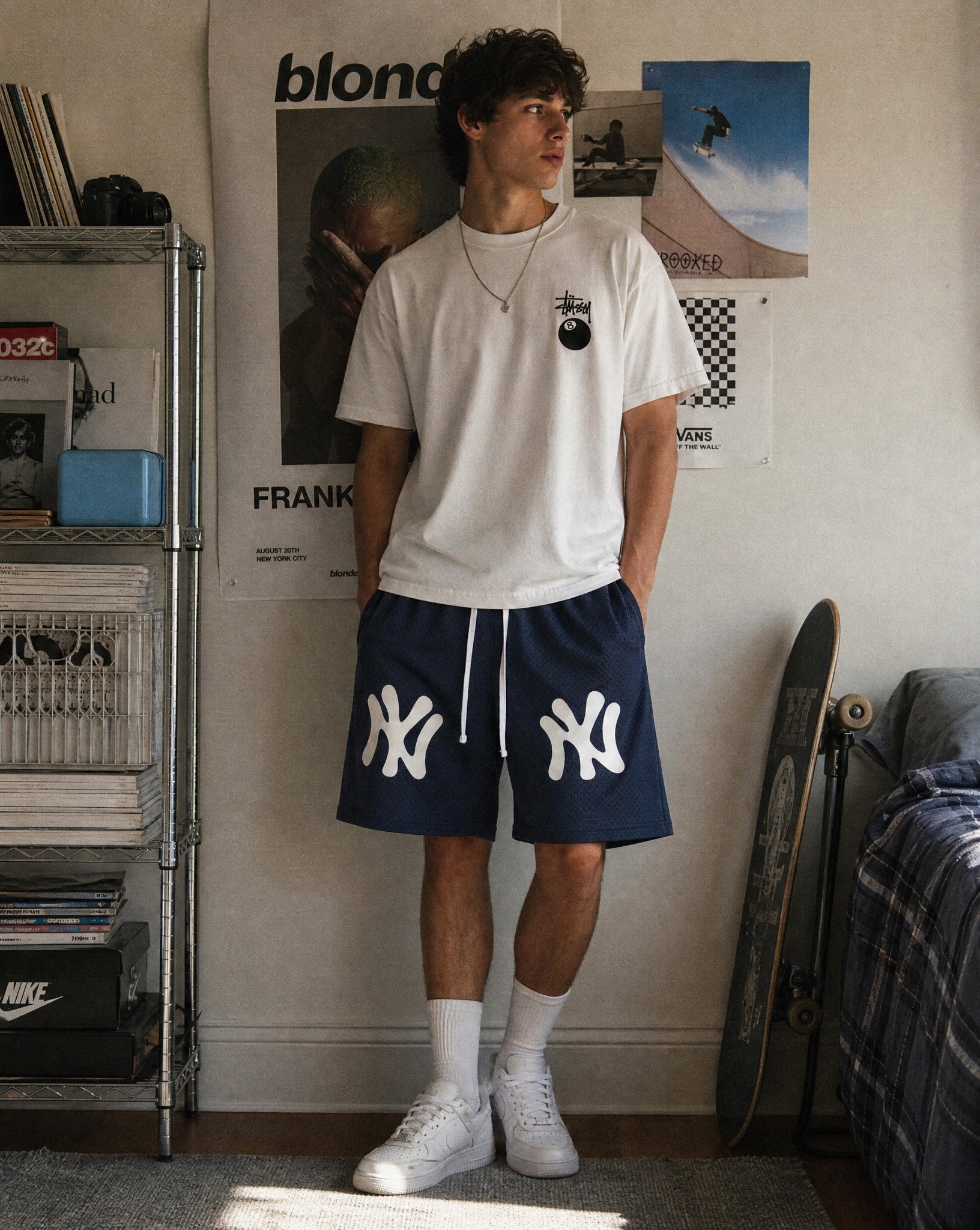 NY Bootleg Mesh Shorts in Navy - Lifestyle Image