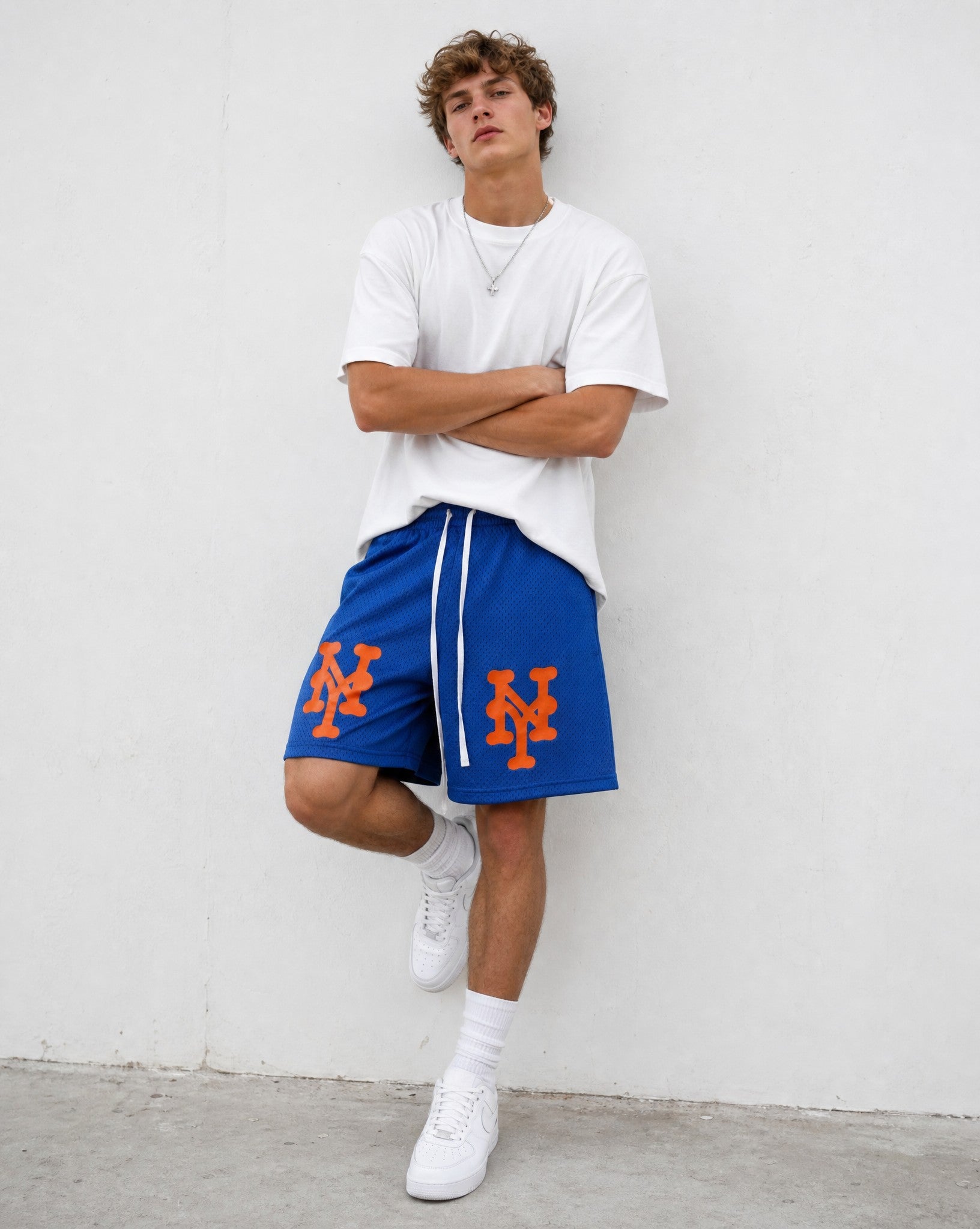 NY Queens Bootleg Mesh Shorts in Blue - Editorial Image