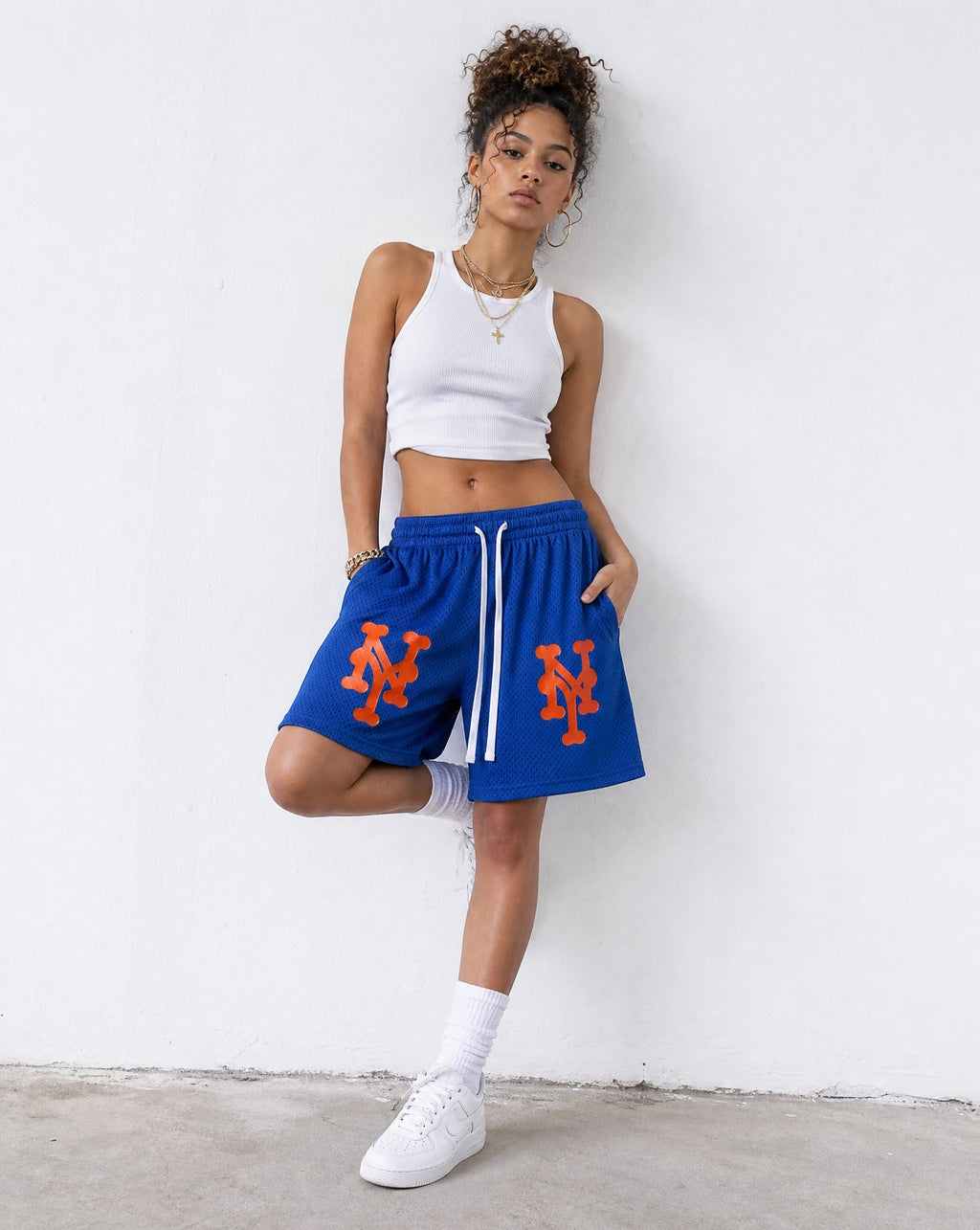 NY Queens Bootleg Mesh Shorts in Blue - Editorial Image