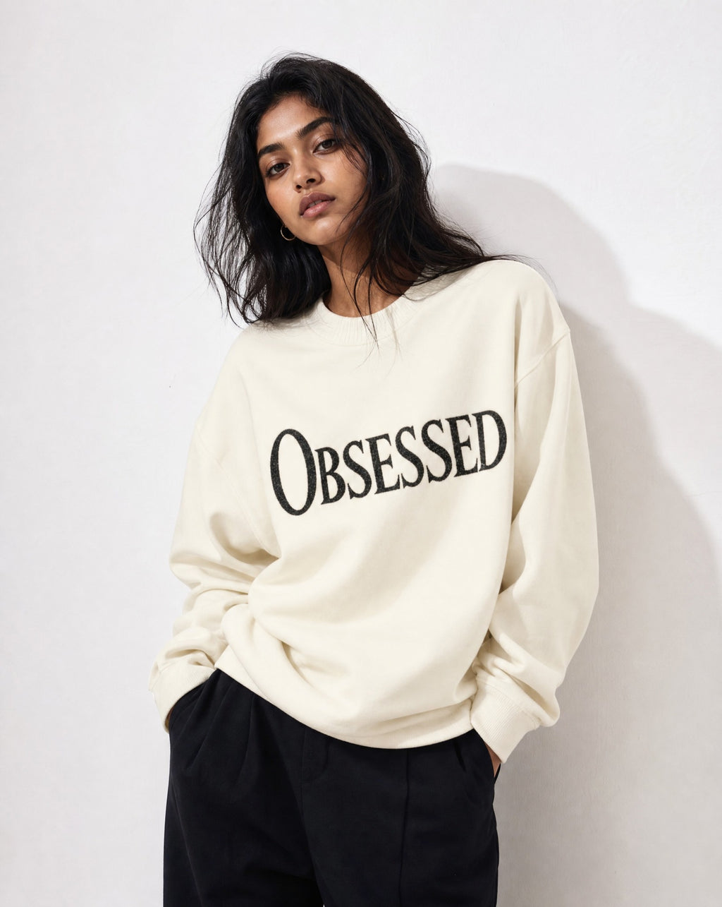 Obsessed Knitted Sweatshirt in Cream - Editorial Image