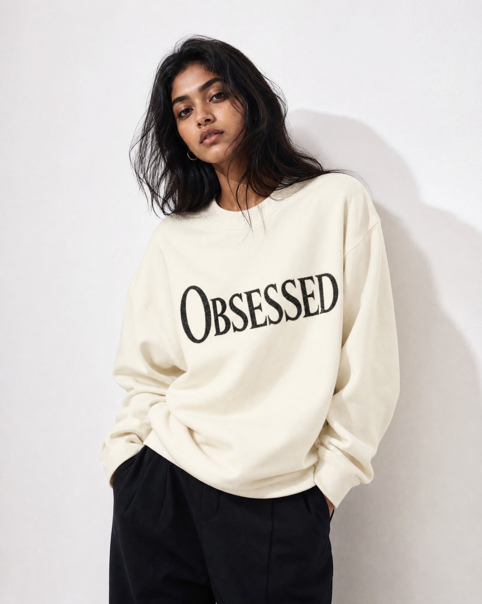 Obsessed Knitted Sweatshirt in Cream - Editorial Image