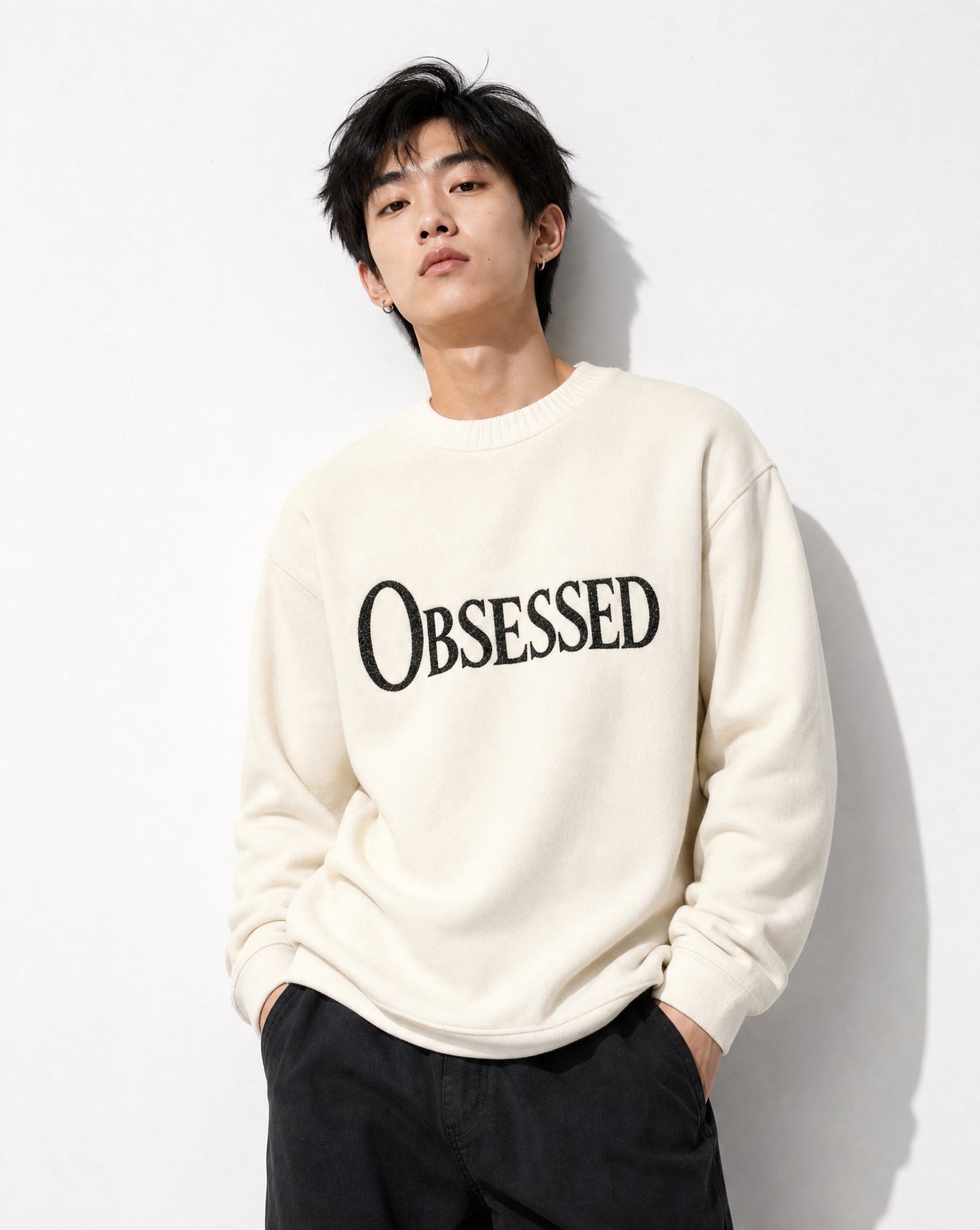 Obsessed Knitted Sweatshirt in Cream - Editorial Image