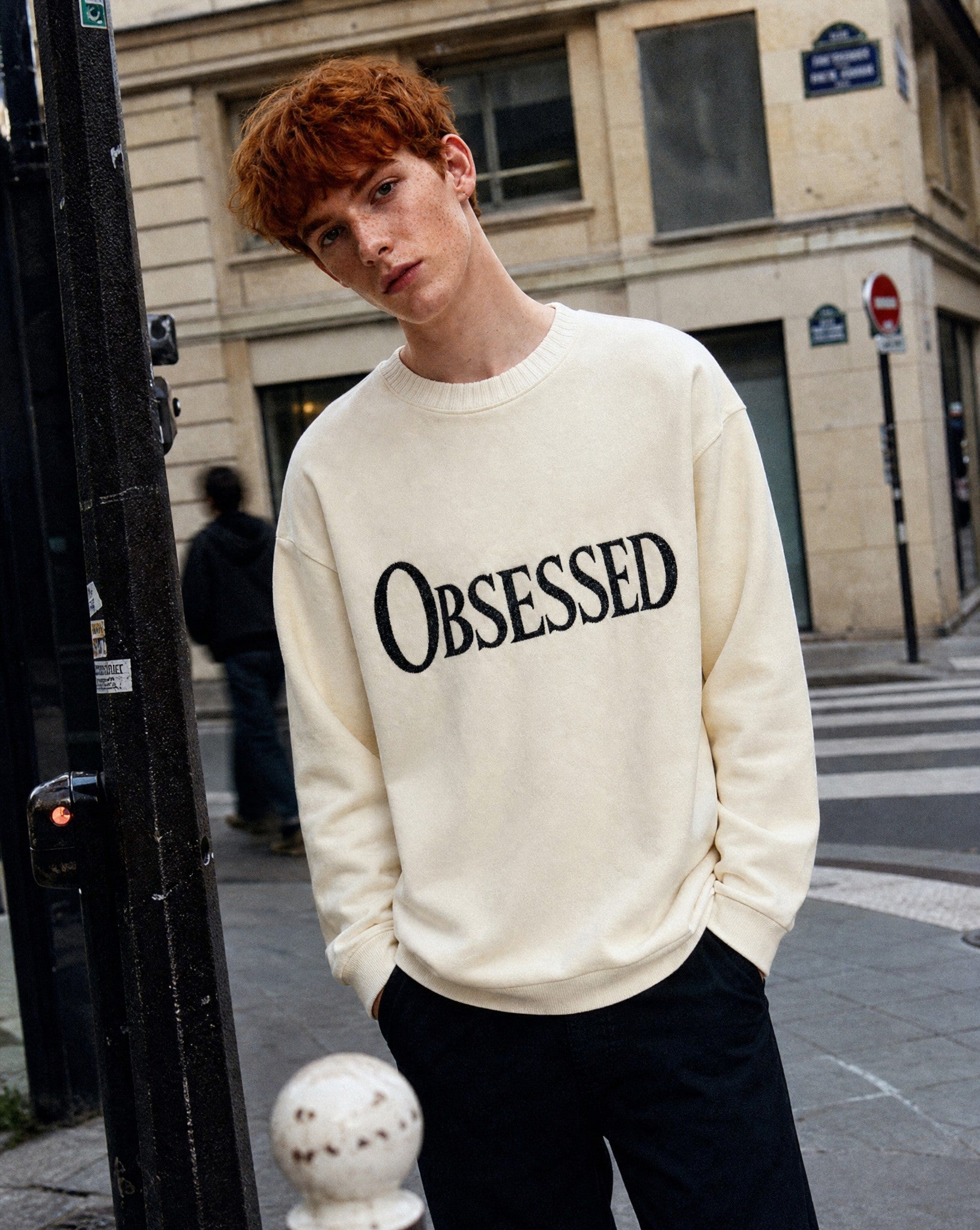 Obsessed Knitted Sweatshirt in Cream - Lifestyle Image