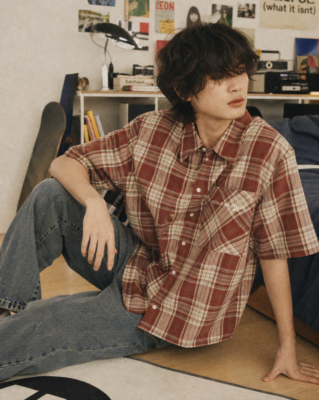 PDS Chex Boxy Button Up in RedCream - Lifestyle Image