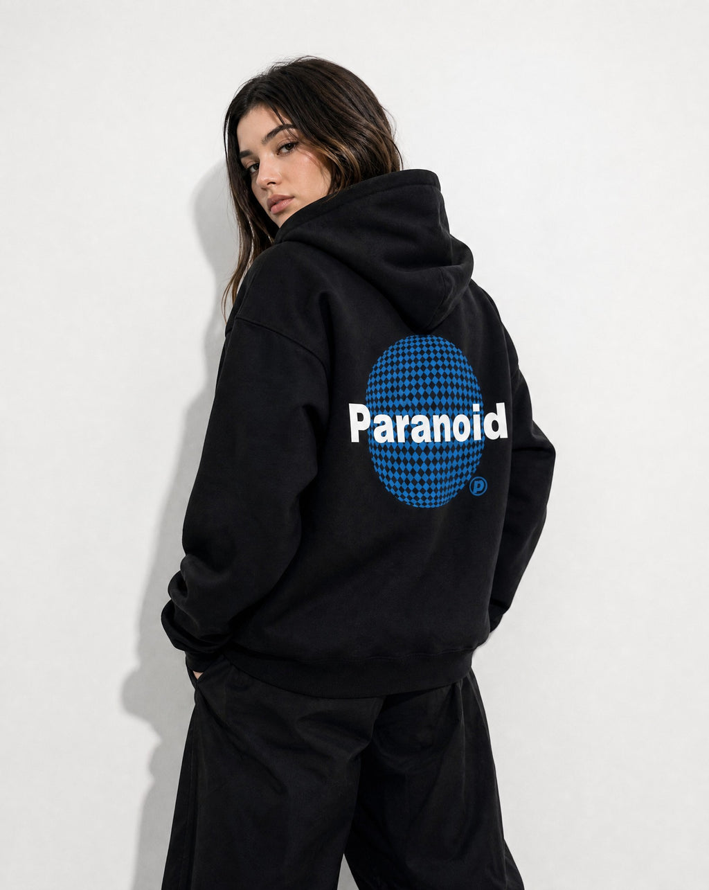 Paranoid Boxy Hoodie in Black - Editorial Image