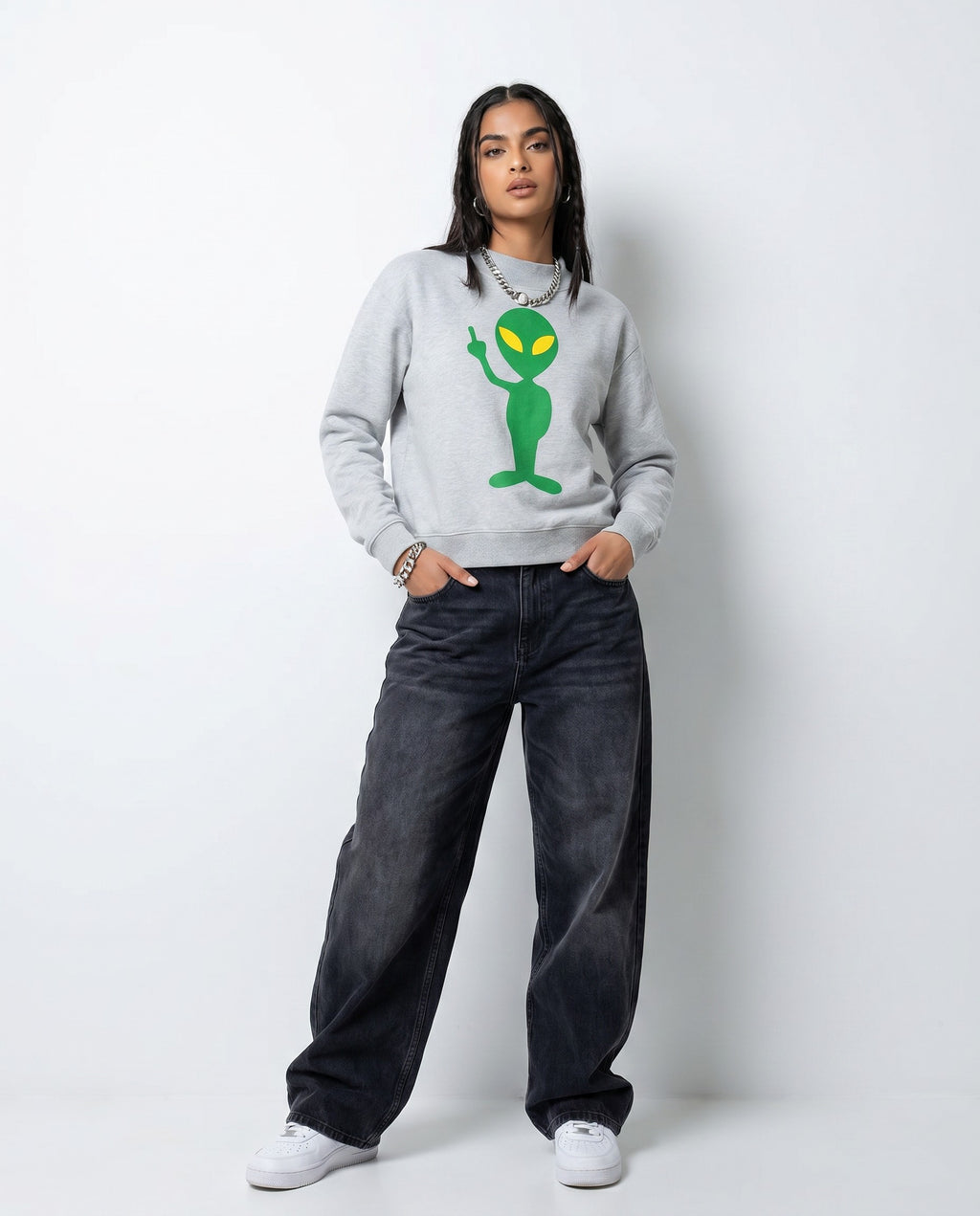 Women's The Finger Mock Neck Sweater in Grey - Editorial Image
