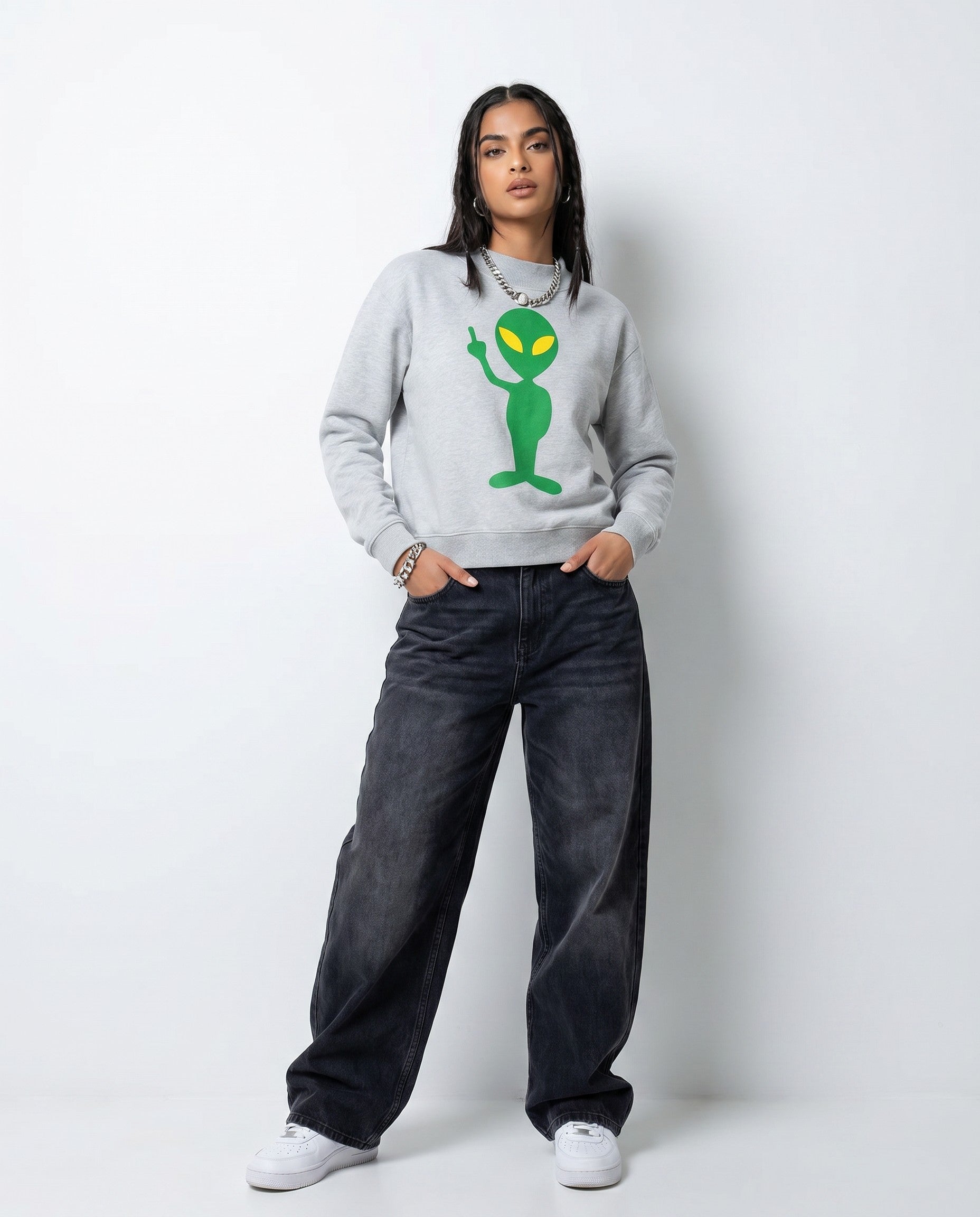 Women's The Finger Mock Neck Sweater in Grey - Editorial Image