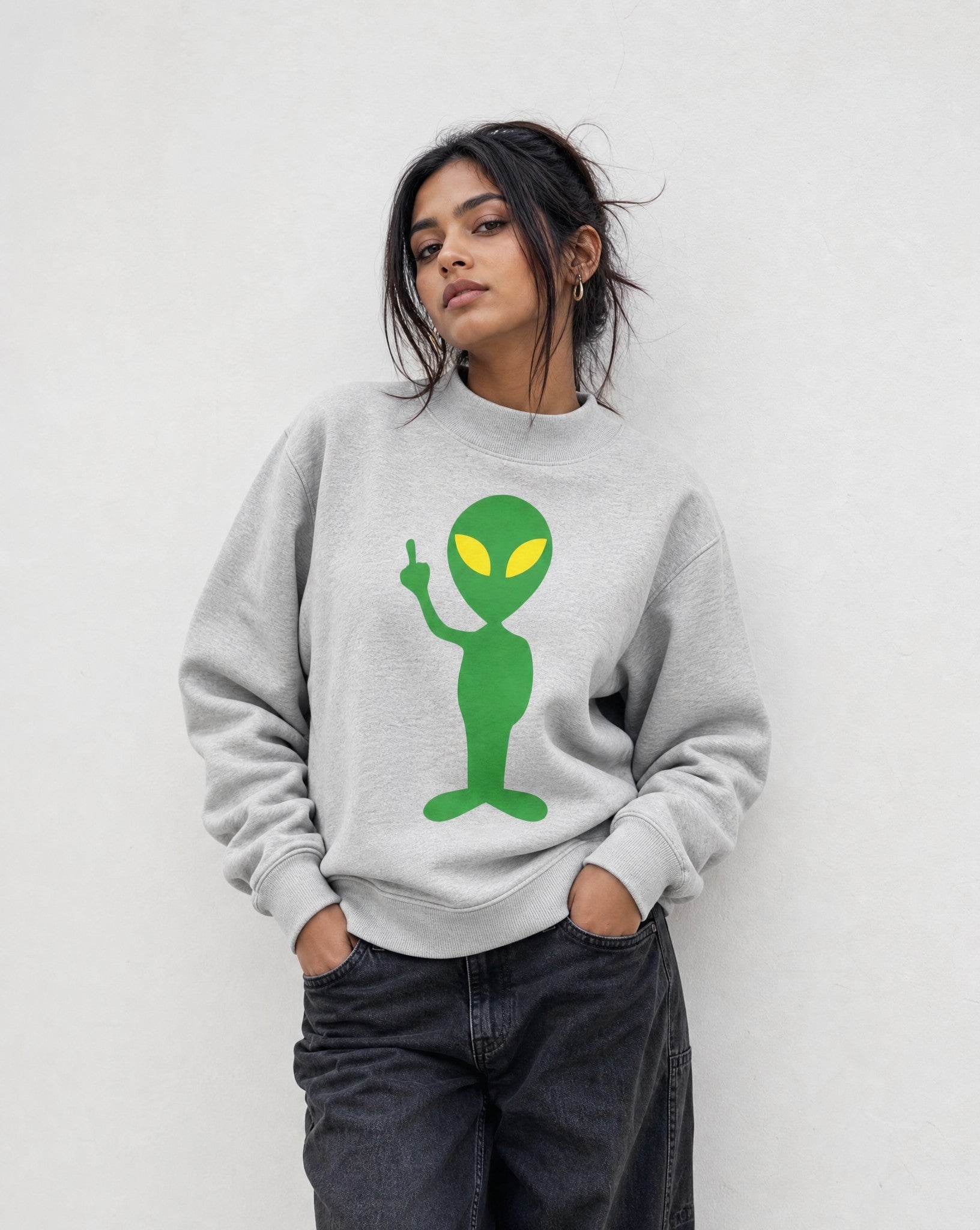 Women's The Finger Mock Neck Sweater in Grey - Editorial Image