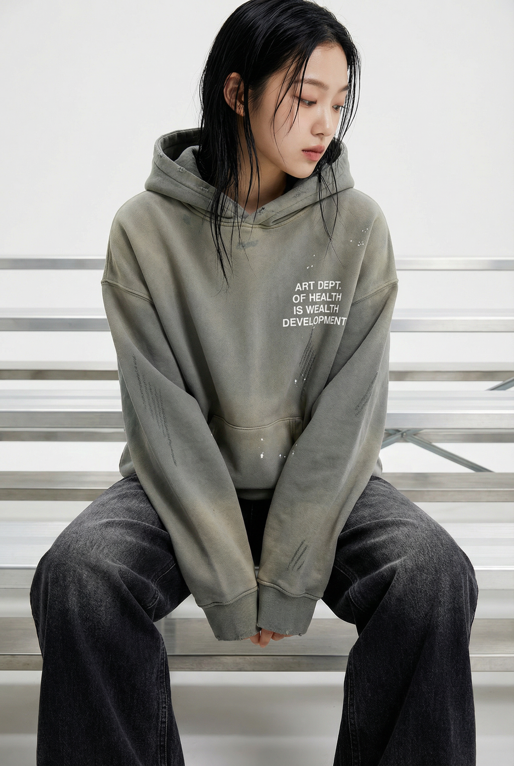 Health is Wealth Distressed Hoodie in Moon Grey