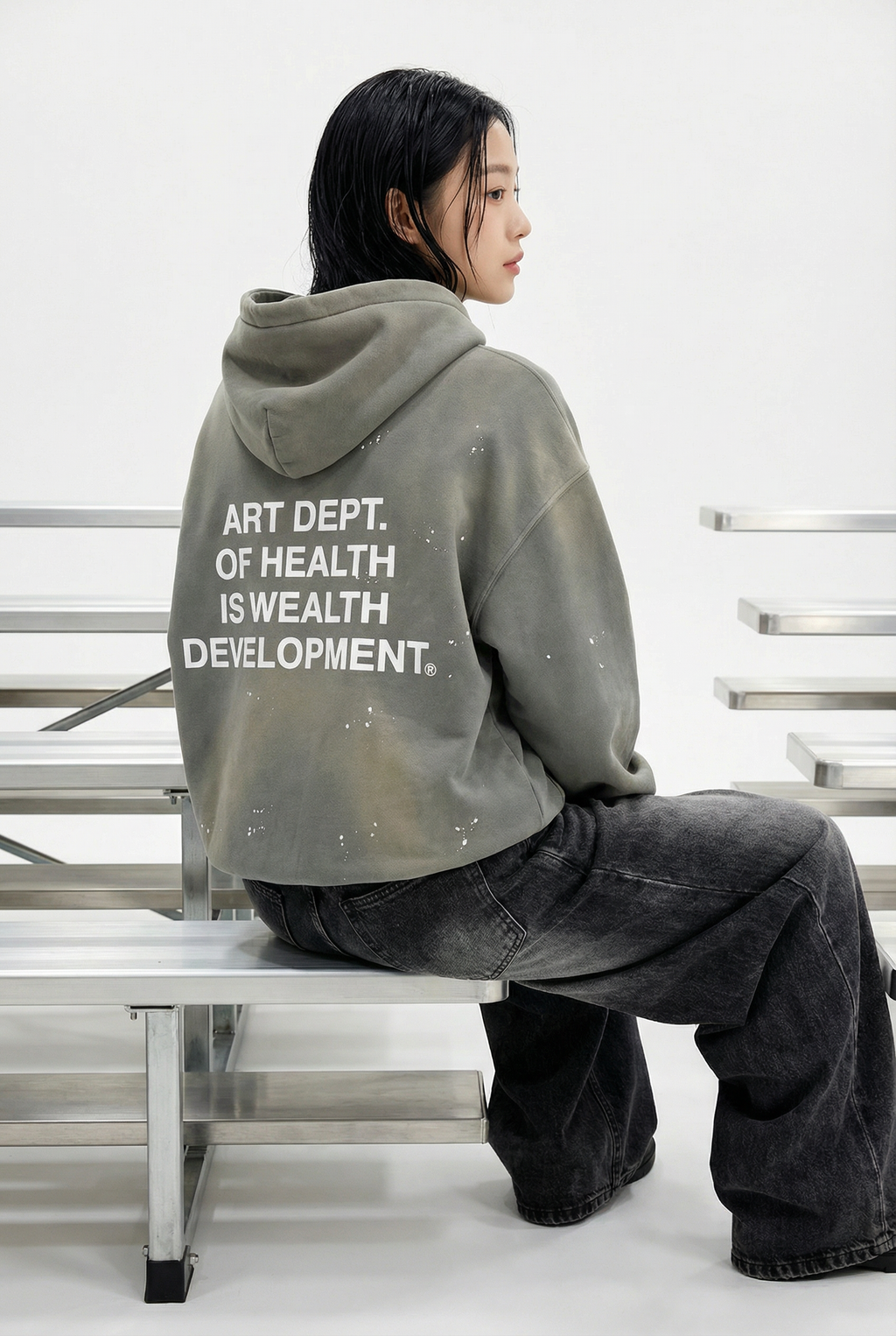 Health is Wealth Distressed Hoodie in Moon Grey