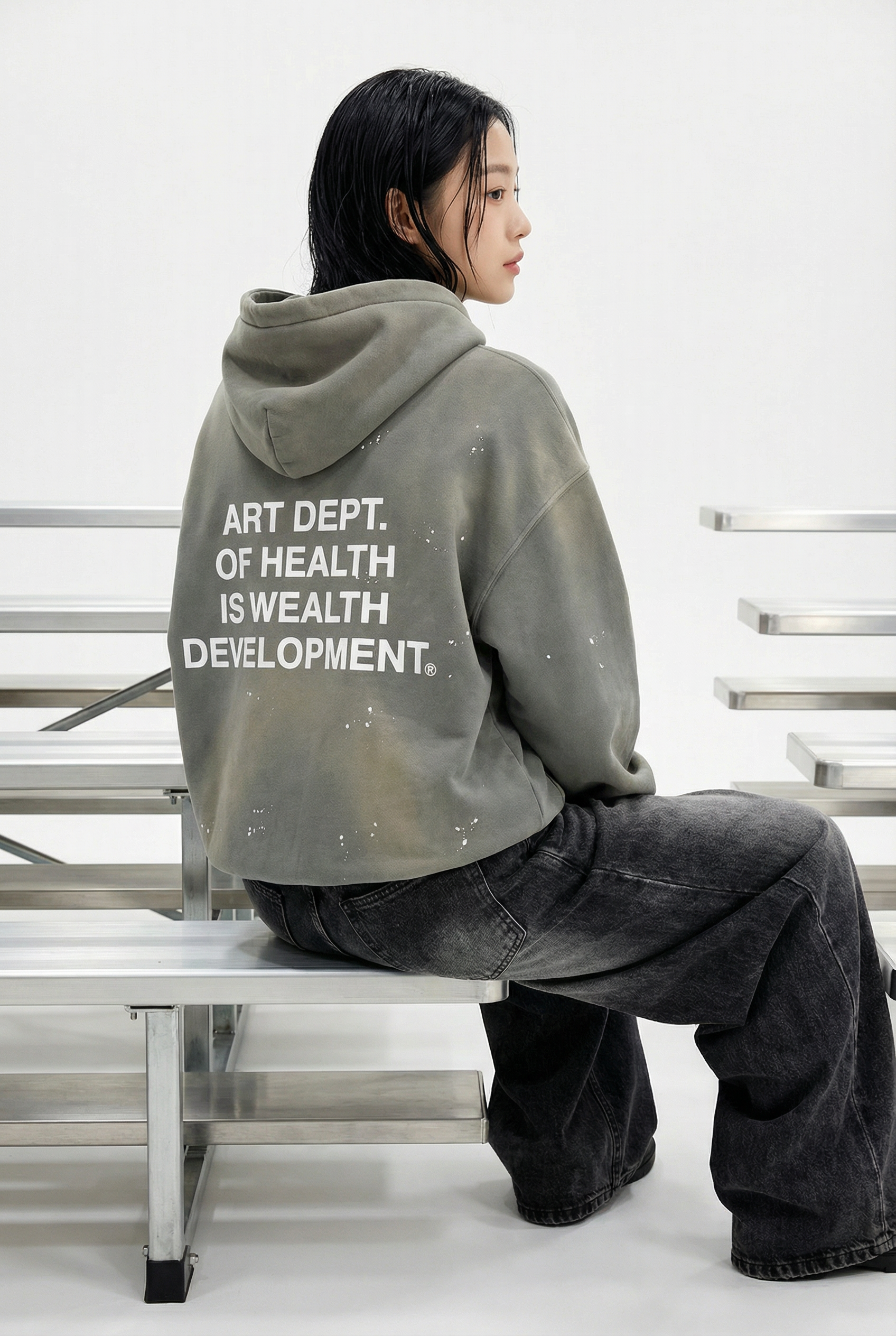 Health is Wealth Distressed Hoodie in Moon Grey