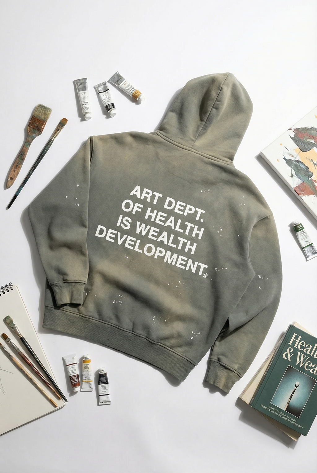 Health is Wealth Distressed Hoodie in Moon Grey